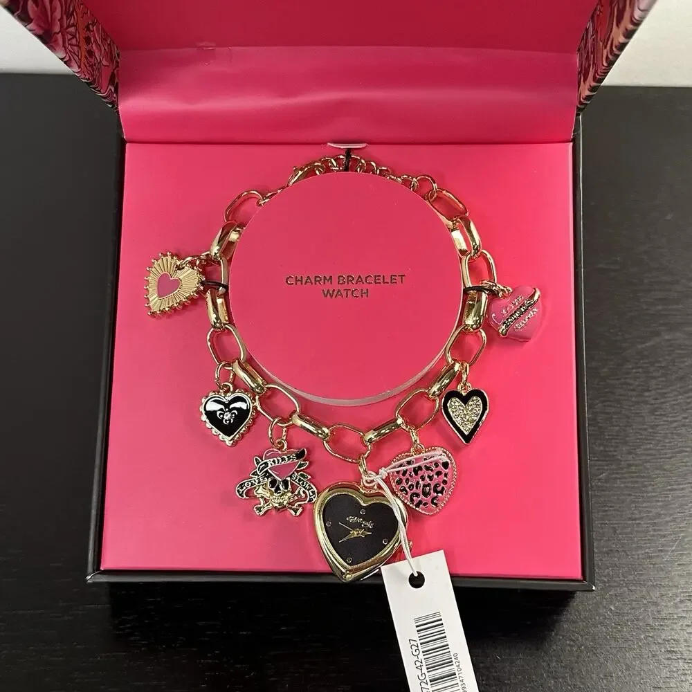 Ed Hardy NIB Gold Heart Charm Watch Bracelet Jewelry Y2K 2000s Style